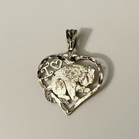 Vintage Sterling Silver I Heart Cat Pendant Tarnished - Picture 1 of 14